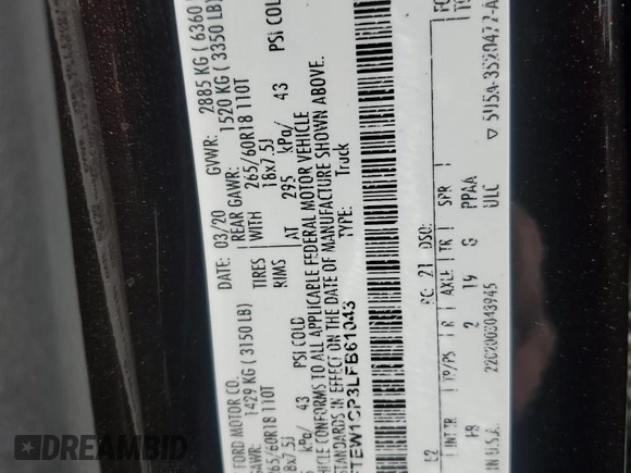 2020 Ford F-150 XL with VIN 1FTEW1CP3LFB61043, listed as a Copart auction lot 86164934 with 128,305 mi miles and Salvage Title. Bid and sale history available at carsss.com. Image 14.