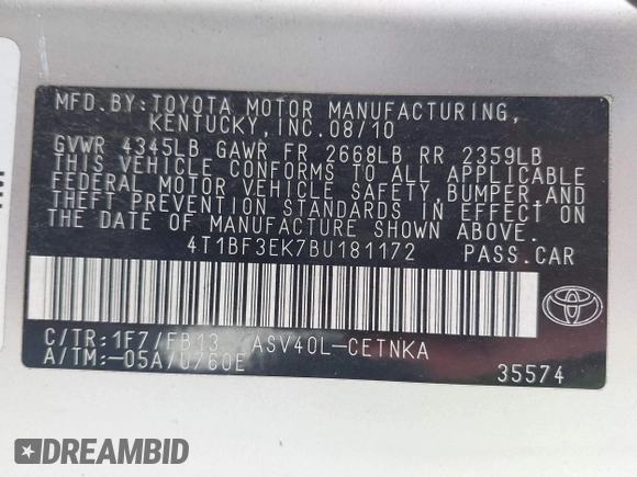 2011 Toyota Camry LE with VIN 4T1BF3EK7BU181172, listed as a IAAI auction lot 41838379 with 250,985 mi miles. Bid and sale history available at carsss.com. Image 9.