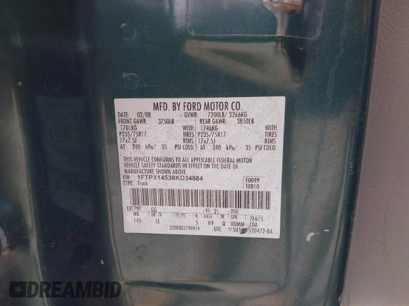 2008 Ford F-150 XLT с VIN 1FTPX14538KD34884, выставлен на аукционе IAAI как лот 42095709 с пробегом Не указан миль и . История ставок и продаж доступна на DreamBid. Изображение 9.