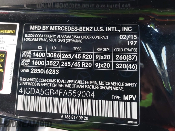 2015 Mercedes-Benz M 400 with VIN 4JGDA5GB4FA559004, listed as a IAAI auction lot 41932299 with 84,749 mi miles and . Bid and sale history available at DreamBid. Image 9.