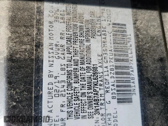 2019 Nissan Sentra SV with VIN 3N1AB7AP7KL626981, listed as a Copart auction lot 52803815 with 111,703 mi miles and Salvage Title. Bid and sale history available at DreamBid. Image 12.