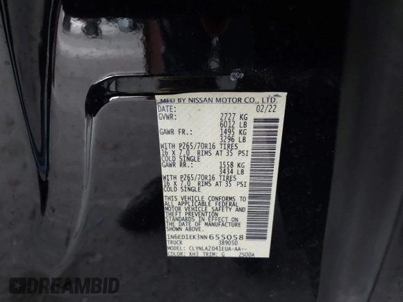 2022 Nissan Frontier Pro-4X with VIN 1N6ED1EK3NN655058, listed as a IAAI auction lot 41744009 with 70,823 mi miles and . Bid and sale history available at DreamBid. Image 9.