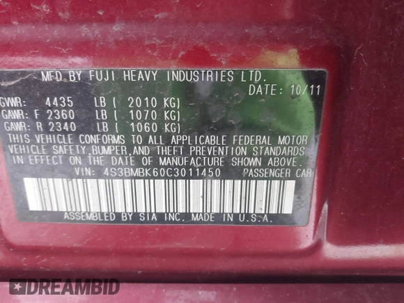 2012 Subaru Legacy Limited with VIN 4S3BMBK60C3011450, listed as a IAAI auction lot 41623649 with 125,341 mi miles and . Bid and sale history available at DreamBid. Image 9.