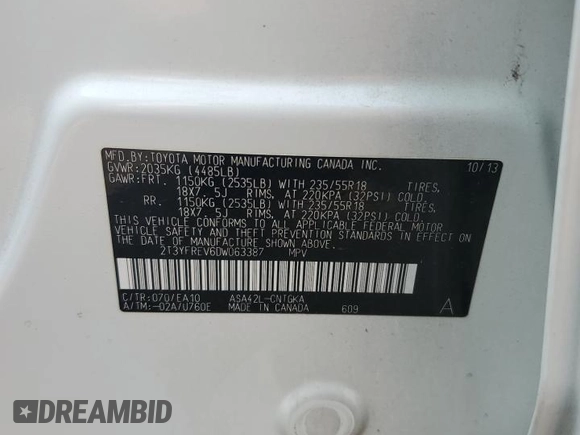 2013 Toyota RAV4 Limited with VIN 2T3YFREV6DW063387, listed as a Copart auction lot 59353415 with Not provided miles and Salvage title. Bid and sale history available at DreamBid. Image 12.