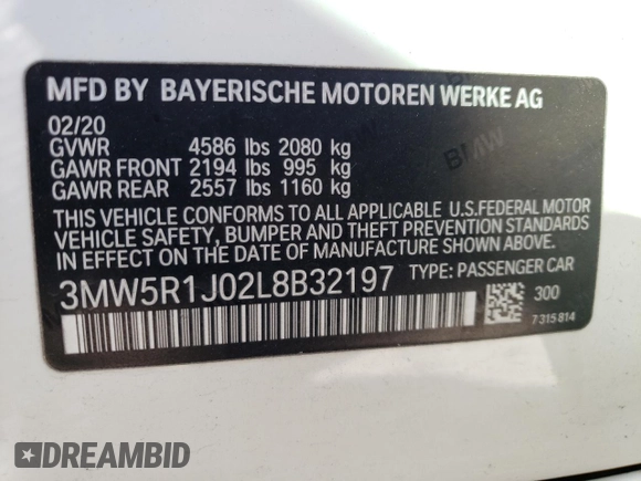 2020 BMW 3 Series 330i with VIN 3MW5R1J02L8B32197, listed as a Copart auction lot 70729452 with Not Provided miles. Bid and sale history available at carsss.com. Image 14.