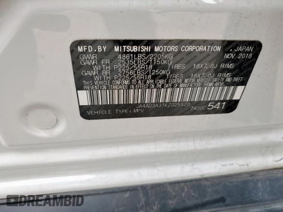 2019 Mitsubishi Outlander SE with VIN JA4AD3A31KZ025520, listed as a Copart auction lot 58739795 with 94,069 mi miles and Salvage title. Bid and sale history available at DreamBid. Image 13.