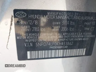 2019 Hyundai Elantra SE with VIN 5NPD74LF0KH433862, listed as a IAAI auction lot 41678153 with 128,575 mi miles and . Bid and sale history available at DreamBid. Image 9.