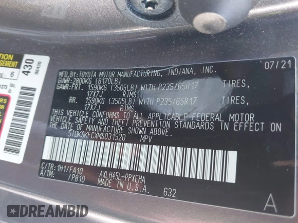 2021 Toyota Sienna LE z VIN 5TDKSKFCXMS031520, wystawiony jako IAAI lot #42080878 z przebiegiem 66 336 mil mil oraz . Historia ofert i sprzedaży dostępna na DreamBid. Obrazek 9.