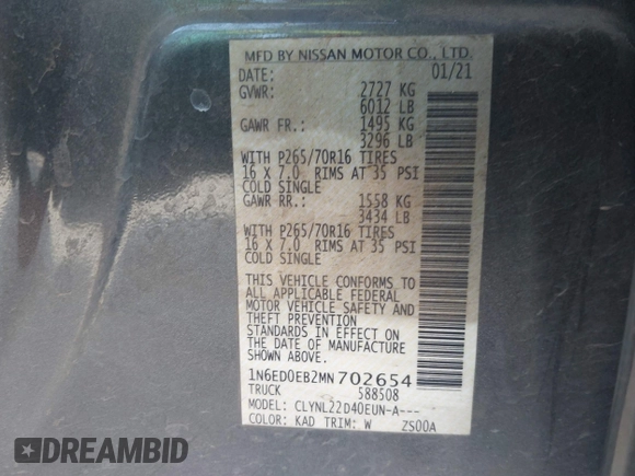 2021 Nissan Frontier SV with VIN 1N6ED0EB2MN702654, listed as a IAAI auction lot 42227414 with 142,309 mi miles and . Bid and sale history available at DreamBid. Image 9.