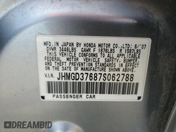2007 Honda Fit Sport z VIN JHMGD37687S062788, wystawiony jako Copart lot #58374245 z przebiegiem Nie podano mil oraz Czysty tytuł • Clean title. Historia ofert i sprzedaży dostępna na DreamBid. Obrazek 13.