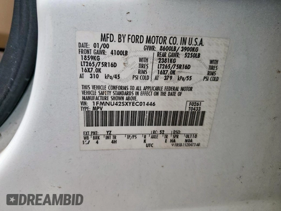 2000 Ford Excursion Limited с VIN 1FMNU42SXYEC01446, выставлен на аукционе Copart как лот 58023065 с пробегом 233 341 миль миль и Списание • Salvage title. История ставок и продаж доступна на DreamBid. Изображение 13.