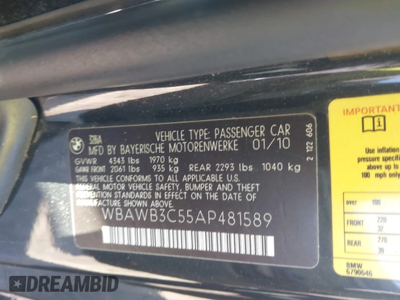 2010 BMW 3 Series 328i with VIN WBAWB3C55AP481589, listed as a IAAI auction lot 41578666 with 103,398 mi miles. Bid and sale history available at carsss.com. Image 9.