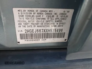 1999 Honda Civic LX z VIN 2HGEJ667XXH575496, wystawiony jako IAAI lot #42372107 z przebiegiem 175 154 mil mil oraz . Historia ofert i sprzedaży dostępna na DreamBid. Obrazek 9.