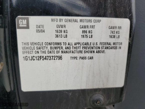 2004 Chevrolet Cavalier with VIN 1G1JC12F547372796, listed as a Copart auction lot 73519914 with 279,423 mi miles and Clean Title. Bid and sale history available at carsss.com. Image 12.