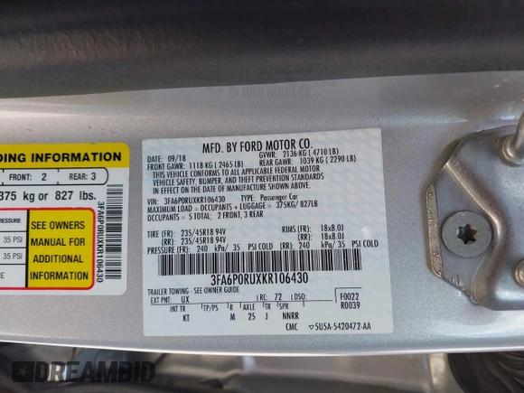 2019 Ford Fusion Titanium with VIN 3FA6P0RUXKR106430, listed as a IAAI auction lot 42329931 with 73,259 mi miles and . Bid and sale history available at DreamBid. Image 9.