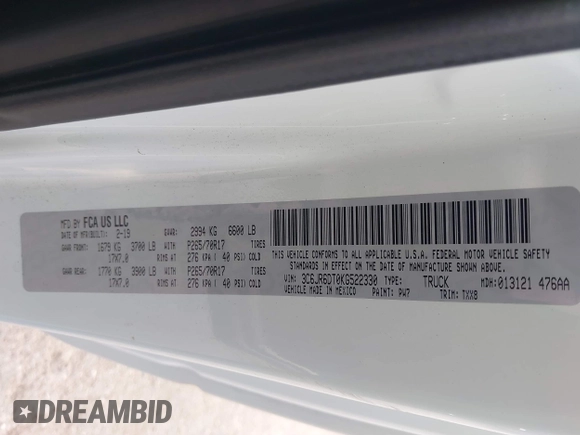 2019 Ram 1500 Classic Tradesman with VIN 3C6JR6DT0KG522330, listed as a IAAI auction lot 41789462 with 91,347 mi miles. Bid and sale history available at carsss.com. Image 9.