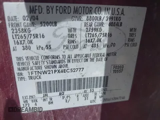 2004 Ford F-250 XL with VIN 1FTNW21PX4EC52777, listed as a IAAI auction lot 42219119 with 192,181 mi miles and . Bid and sale history available at DreamBid. Image 9.