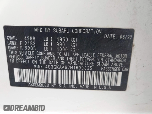 2022 Subaru Impreza with VIN 4S3GKAA62N1609335, listed as a IAAI auction lot 41090418 with 33,985 mi miles and . Bid and sale history available at DreamBid. Image 9.