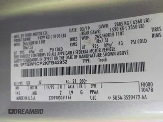 2019 Ford F-150 XL with VIN 1FTEW1CP2KFB42952, listed as a IAAI auction lot 41939615 with Not provided miles and . Bid and sale history available at DreamBid. Image 9.
