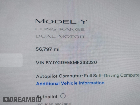 2021 Tesla Model Y Long Range with VIN 5YJYGDEE8MF293230, listed as a IAAI auction lot 41744033 with 56,797 mi miles and . Bid and sale history available at DreamBid. Image 7.