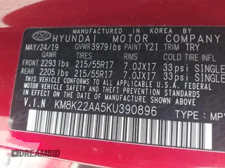 2019 Hyundai Kona SEL with VIN KM8K22AA5KU390896, listed as a IAAI auction lot 41469809 with 54,025 mi miles. Bid and sale history available at carsss.com. Image 9.