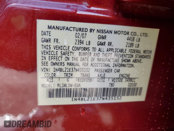 2007 Nissan Altima SL z VIN 1N4BL21E37N435152, wystawiony jako Copart lot #52950635 z przebiegiem Nie podano mil oraz Szkoda całkowita • Salvage title. Historia ofert i sprzedaży dostępna na DreamBid. Obrazek 12.