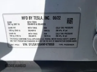 2022 Tesla Model S Plaid with VIN 5YJSA1E64NF479959, listed as a IAAI auction lot 41057673 with 27,203 mi miles and . Bid and sale history available at DreamBid. Image 8.