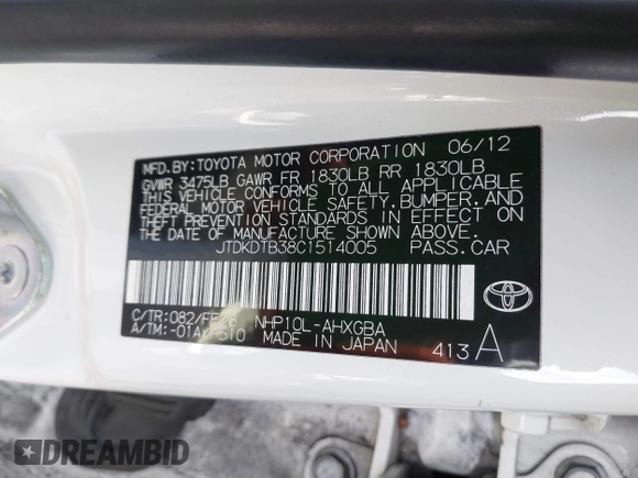 2012 Toyota Prius c One with VIN JTDKDTB38C1514005, listed as a IAAI auction lot 41903868 with 62,344 mi miles. Bid and sale history available at carsss.com. Image 9.