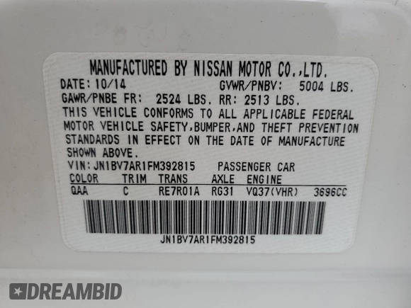 2015 Infiniti Q50 Premium with VIN JN1BV7AR1FM392815, listed as a Copart auction lot 58065645 with 89,233 mi miles and Salvage title. Bid and sale history available at DreamBid. Image 12.