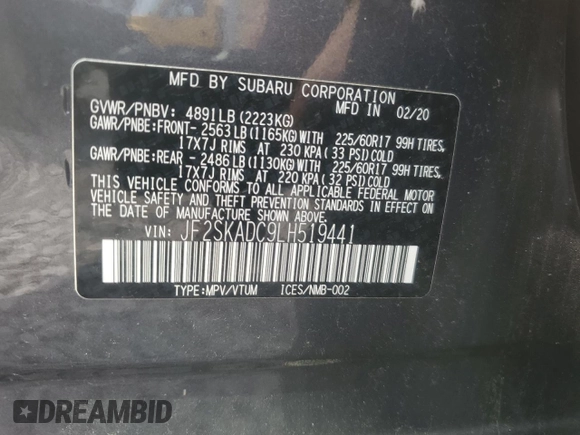 2020 Subaru Forester z VIN JF2SKADC9LH519441, wystawiony jako Copart lot #58861205 z przebiegiem 62 643 mil mil oraz Szkoda całkowita • Salvage title. Historia ofert i sprzedaży dostępna na DreamBid. Obrazek 12.