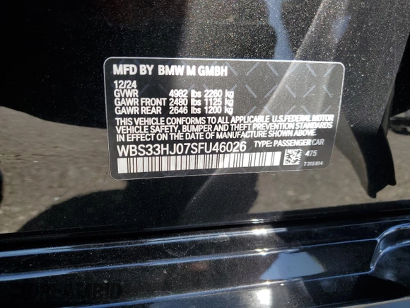 2025 BMW M3 Competition xDrive z VIN WBS33HJ07SFU46026, wystawiony jako Copart lot #46605635 z przebiegiem 408 mil mil oraz Szkoda całkowita • Salvage title. Historia ofert i sprzedaży dostępna na DreamBid. Obrazek 14.