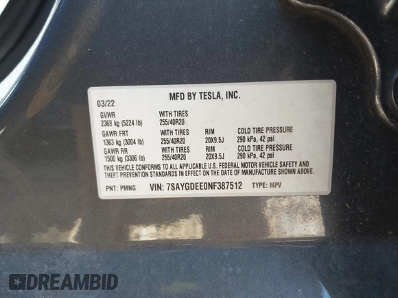 2022 Tesla Model Y Long Range with VIN 7SAYGDEE0NF387512, listed as a IAAI auction lot 41850901 with Not Provided miles and . Bid and sale history available at carsss.com. Image 9.