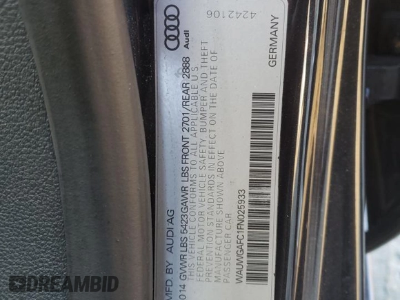 2015 Audi A7 3.0 Premium Plus with VIN WAUWGAFC1FN025933, listed as a Copart auction lot 71391512 with 0 mi miles. Bid and sale history available at carsss.com. Image 15.