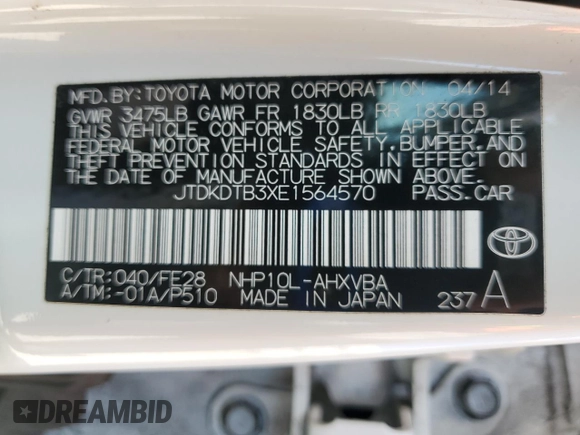 2014 Toyota Prius One with VIN JTDKDTB3XE1564570, listed as a Copart auction lot 55729525 with 141,473 mi miles and Clean Title. Bid and sale history available at DreamBid. Image 12.