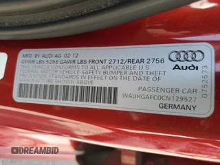 2012 Audi A6 Prestige with VIN WAUHGAFC0CN129527, listed as a Copart auction lot 61984595 with 264,974 mi miles and Salvage title. Bid and sale history available at DreamBid. Image 12.