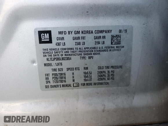 2020 Chevrolet Trax LT with VIN KL7CJPSB5LB023054, listed as a Copart auction lot 49056295 with Not provided miles and Salvage title. Bid and sale history available at DreamBid. Image 13.