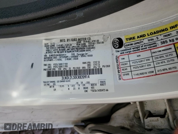 2012 Lincoln MKZ Hybrid with VIN 3LNDL2L30CR820914, listed as a Copart auction lot 52458625 with 127,905 mi miles and Salvage Title. Bid and sale history available at DreamBid. Image 12.