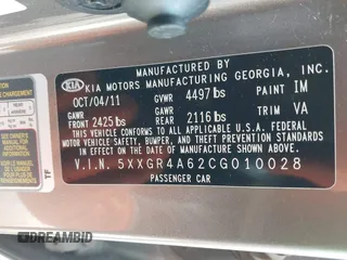 2012 Kia Optima SX with VIN 5XXGR4A62CG010028, listed as a IAAI auction lot 41942271 with 227,080 mi miles and . Bid and sale history available at carsss.com. Image 9.