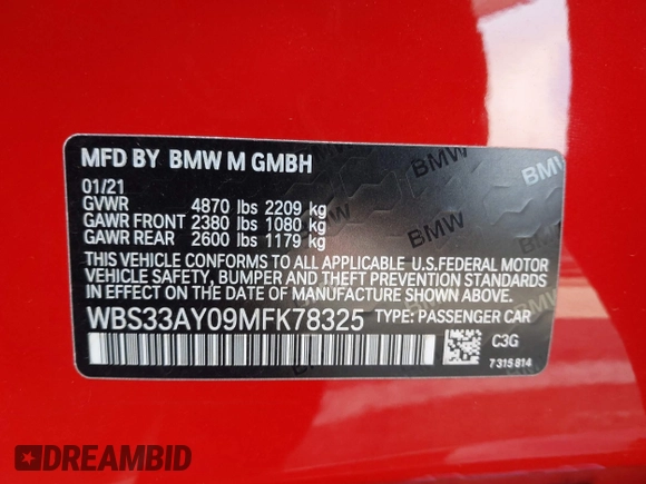 2021 BMW M3 Competition z VIN WBS33AY09MFK78325, wystawiony jako IAAI lot #41741258 z przebiegiem 30 300 mil mil oraz . Historia ofert i sprzedaży dostępna na DreamBid. Obrazek 9.