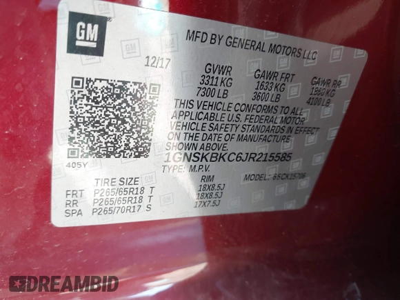 2018 Chevrolet Tahoe LT with VIN 1GNSKBKC6JR215585, listed as a IAAI auction lot 42043898 with 85,730 mi miles and . Bid and sale history available at DreamBid. Image 9.