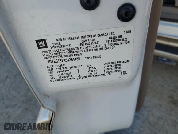 2006 GMC Sierra 1500 SLE1 z VIN 2GTEC13TX61204438, wystawiony jako Copart lot #84847074 z przebiegiem 143 518 mil mil oraz Szkoda całkowita • Salvage title. Historia ofert i sprzedaży dostępna na DreamBid. Obrazek 12.