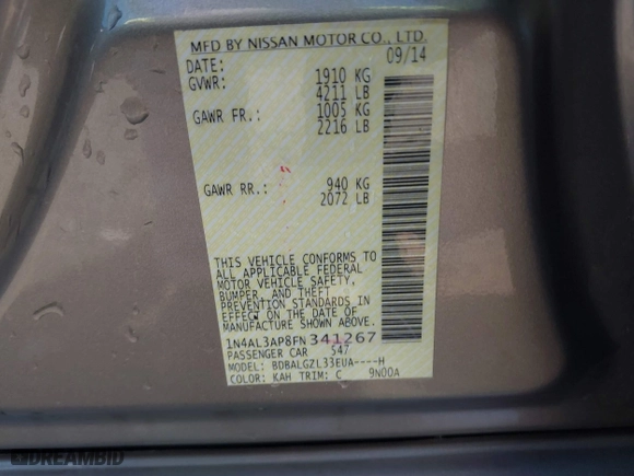 2015 Nissan Altima 2.5 with VIN 1N4AL3AP8FN341267, listed as a IAAI auction lot 41804785 with 140,004 mi miles. Bid and sale history available at carsss.com. Image 9.