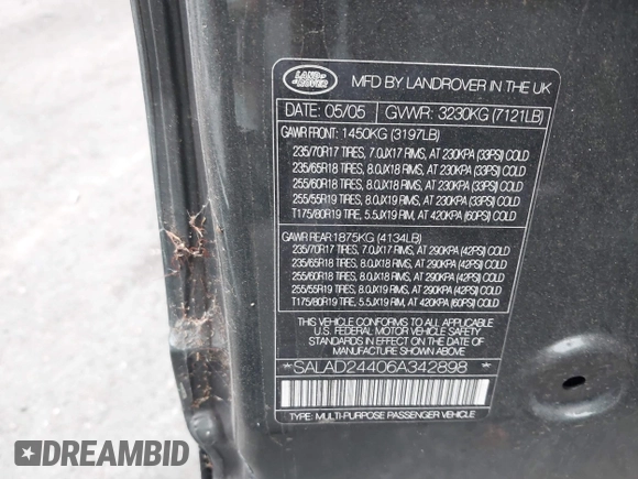 2006 Land Rover LR3 with VIN SALAD24406A342898, listed as a IAAI auction lot 41845616 with 179,287 mi miles and . Bid and sale history available at DreamBid. Image 9.