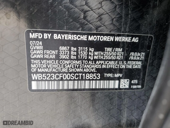 2025 BMW iX xDrive50 with VIN WB523CF00SCT18853, listed as a Copart auction lot 51282705 with 0 mi miles and Salvage Title. Bid and sale history available at carsss.com. Image 13.