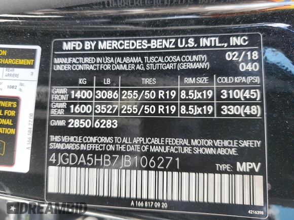 2018 Mercedes-Benz GLE 350 with VIN 4JGDA5HB7JB106271, listed as a Copart auction lot 54541115 with 170,804 mi miles and Clean Title. Bid and sale history available at DreamBid. Image 13.