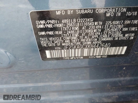 2019 Subaru Forester Premium with VIN JF2SKAGCXKH442640, listed as a IAAI auction lot 42488712 with 37,964 mi miles and . Bid and sale history available at DreamBid. Image 9.