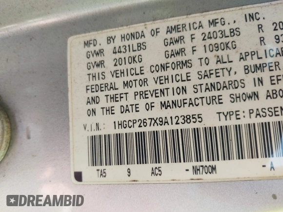 2009 Honda Accord EX with VIN 1HGCP267X9A123855, listed as a IAAI auction lot 42422520 with 198,903 mi miles and . Bid and sale history available at DreamBid. Image 9.
