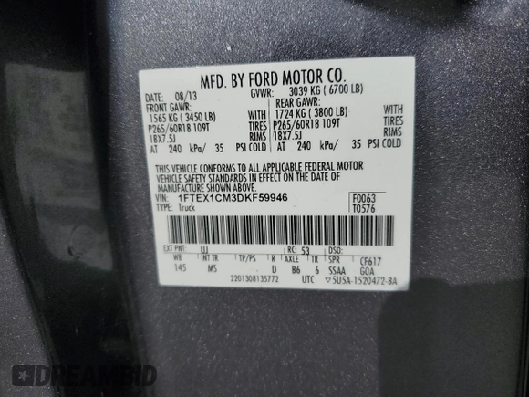 2013 Ford F-150 XL with VIN 1FTEX1CM3DKF59946, listed as a Copart auction lot 50104395 with 130,692 mi miles and Salvage title. Bid and sale history available at DreamBid. Image 12.