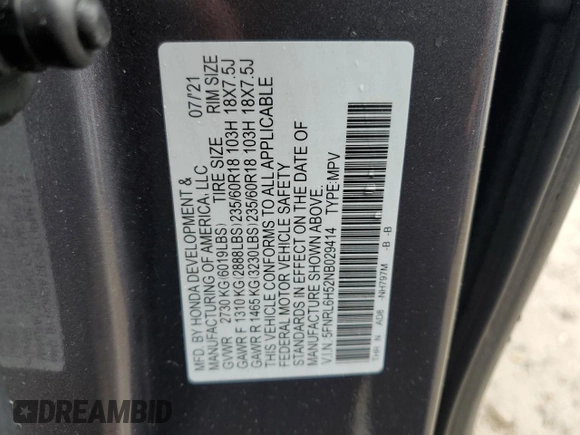 2022 Honda Odyssey EX with VIN 5FNRL6H52NB029414, listed as a Copart auction lot 55947155 with 53,954 mi miles and Salvage title. Bid and sale history available at DreamBid. Image 13.