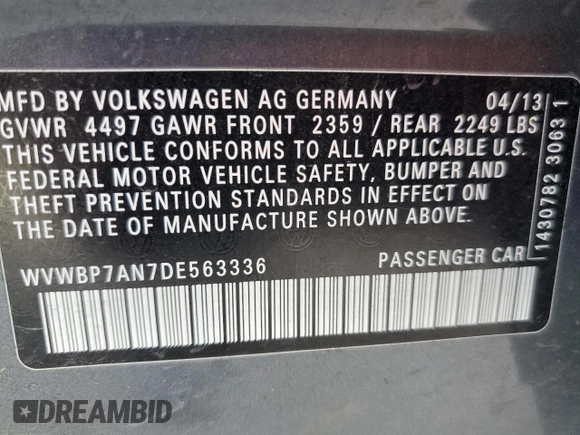 2013 Volkswagen CC Sport with VIN WVWBP7AN7DE563336, listed as a Copart auction lot 49719035 with 114,682 mi miles and Salvage Title. Bid and sale history available at carsss.com. Image 12.
